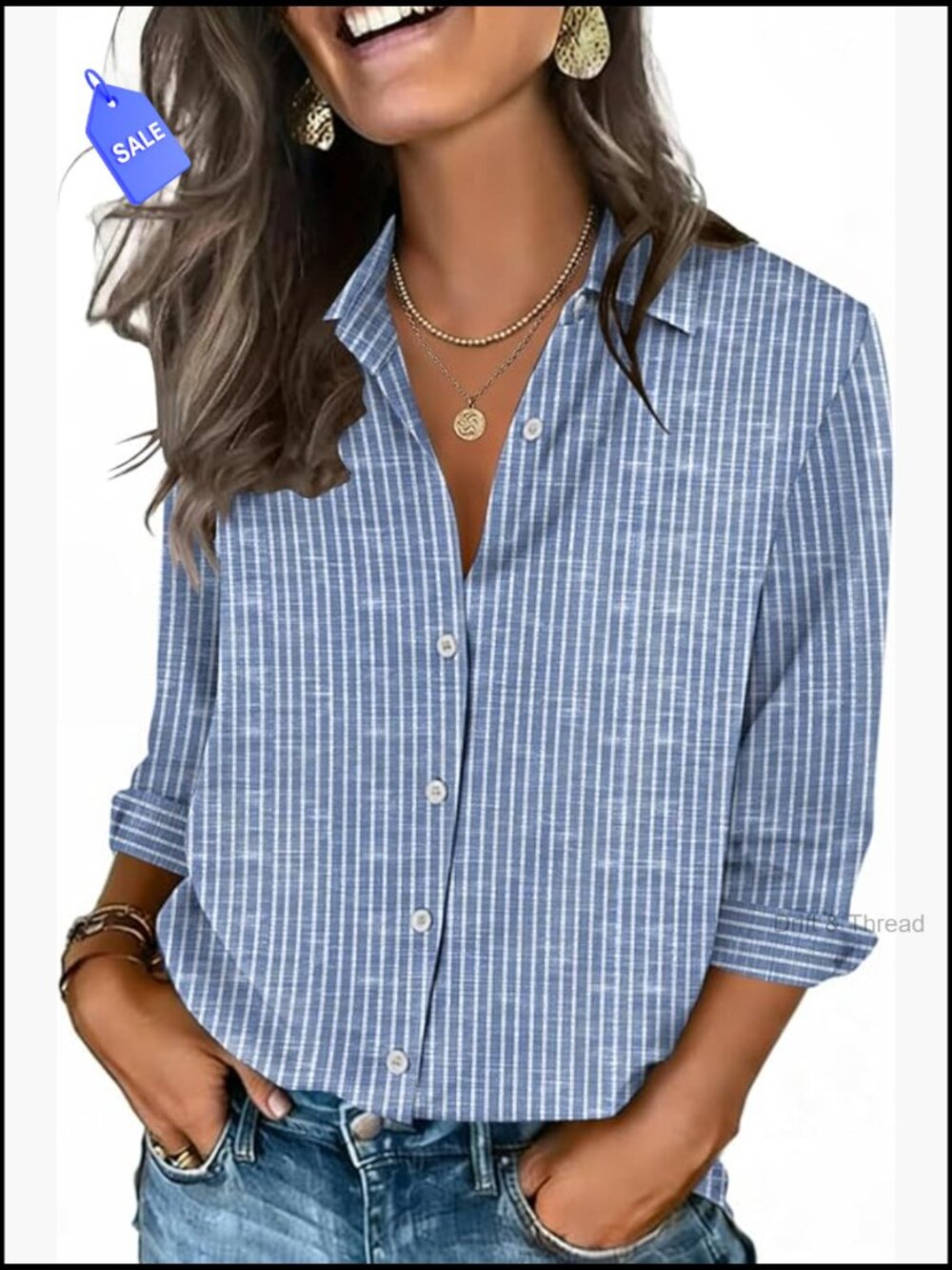 Women's 3/4 Sleeve Button Down Shirt V-Neck Collared Blouse Business Casual Tops
